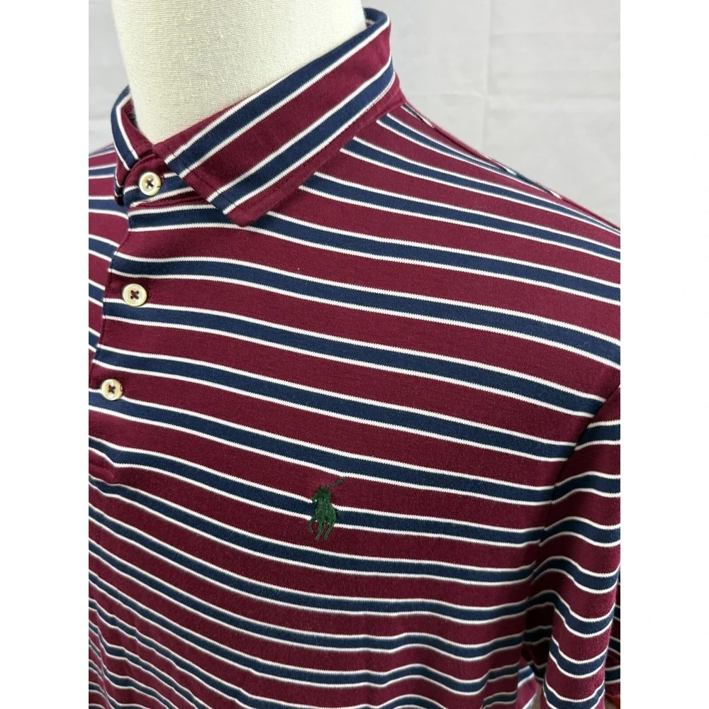 Polo Ralph Lauren Mens Custom Slim Fit Striped Polo Shirt Burgundy Navy XLarge